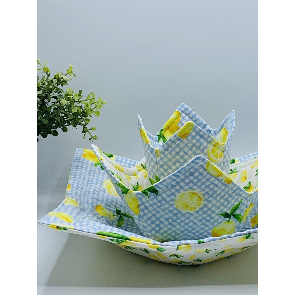 Microwave Bowl Cozy Reversible, Lemons On Blue Gingham, Soup Bowl or Pint Size